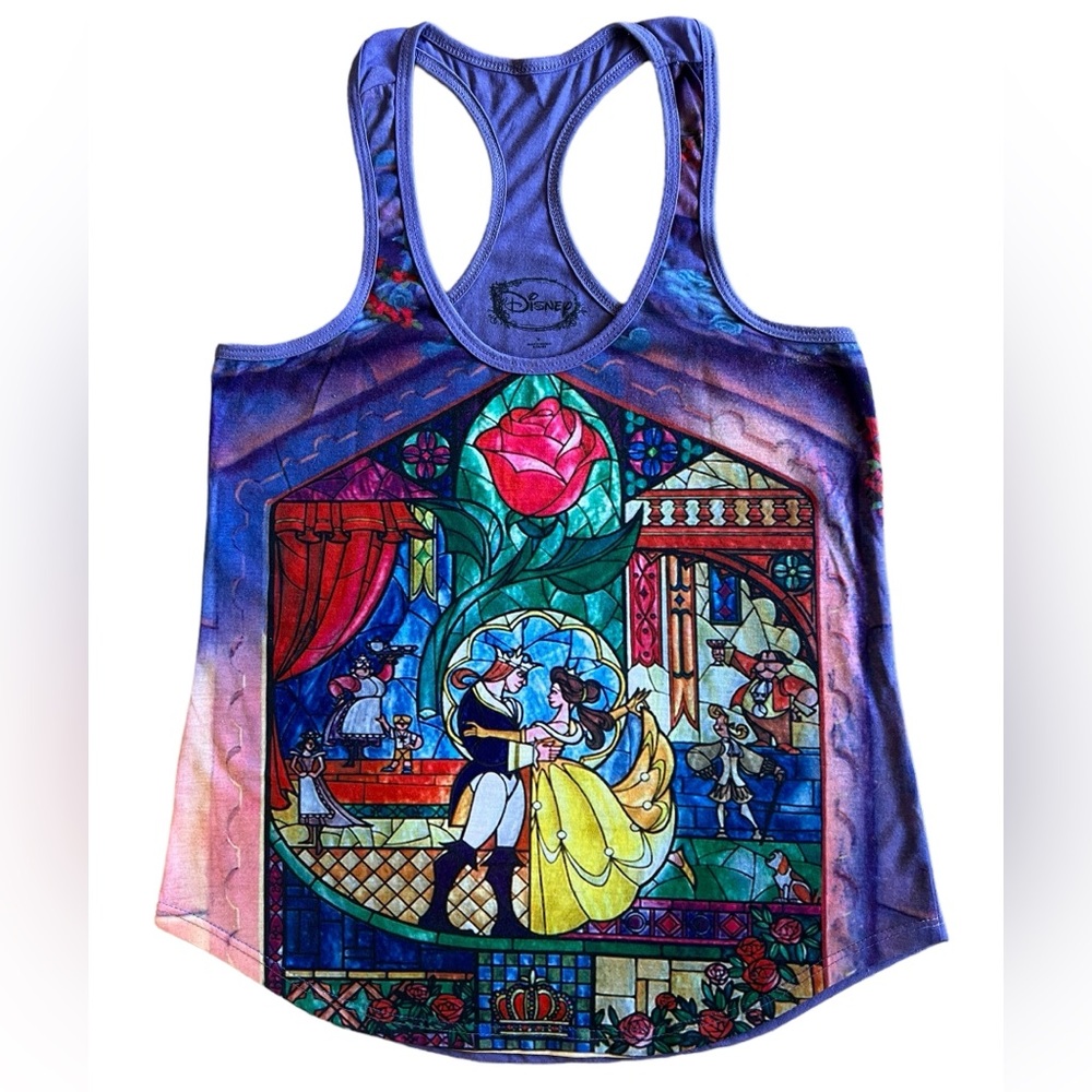 DISNEY Beauty Beast Stained Glass Tale As Old As Time Purple Racerback Tank Top